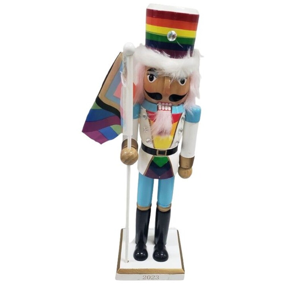 Wooden Christmas Nutcracker,14", LGBT,RAINBOW WHITE SOLDIER W/PRIDE FLAG 2023,WS